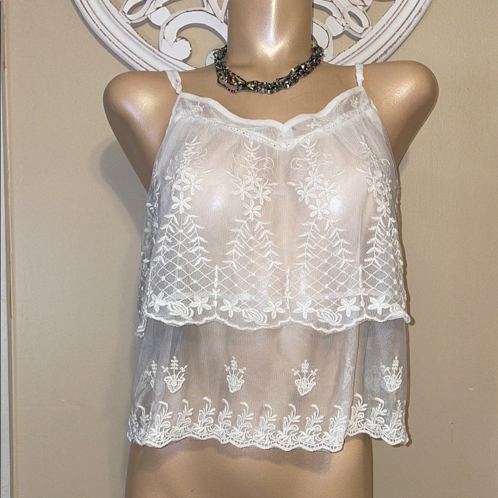 American Eagle Outfitters women’s large tank cami top White Embroidered sheer